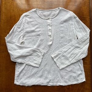 Embroidered Cotton Gauze Peasant Blouse White Boho Henley Textured Top